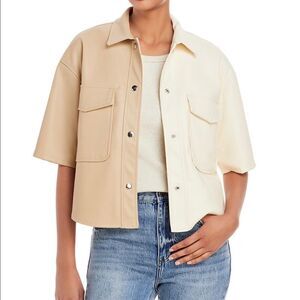 AQUA Color Blocked Faux Leather Short Sleeve Shirt